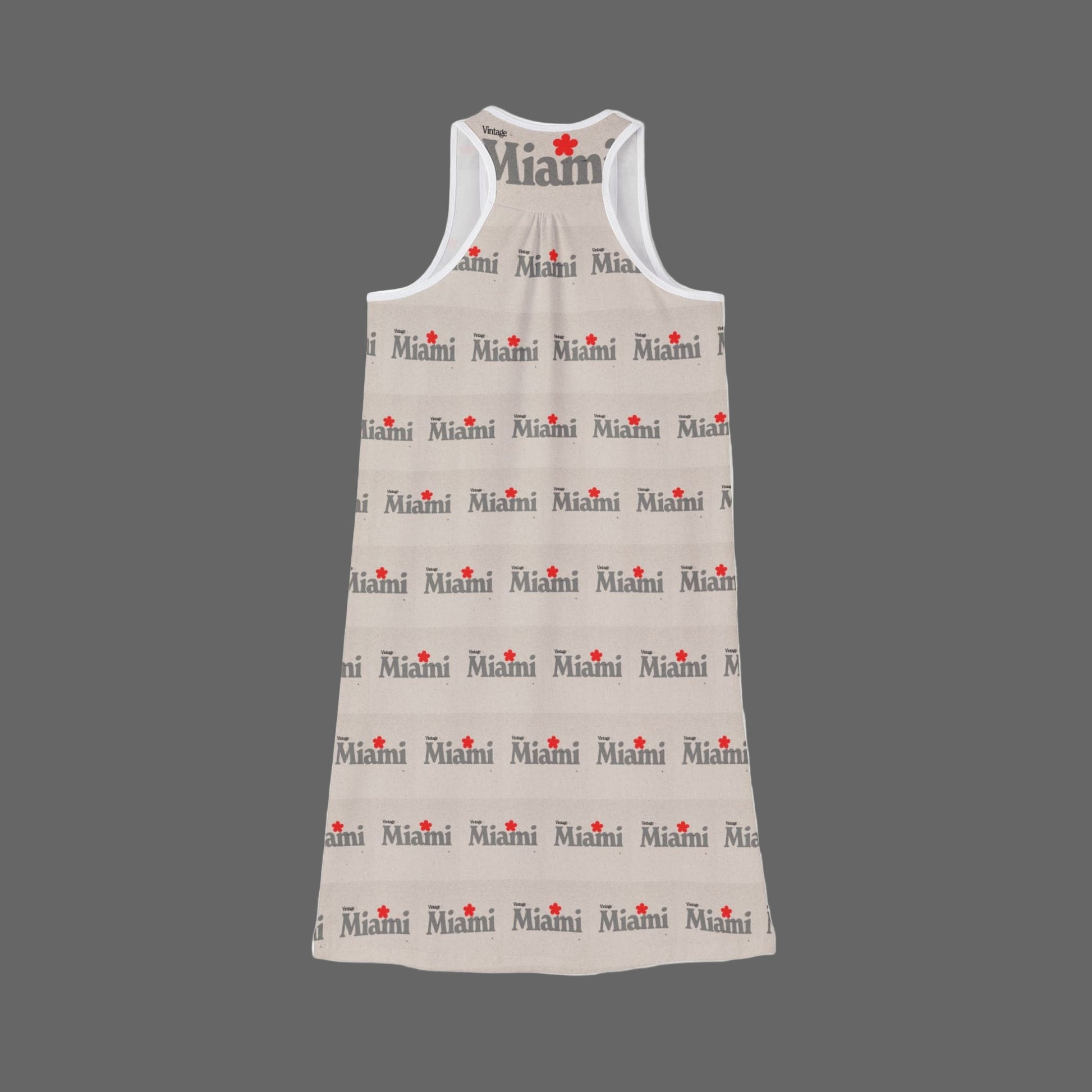 Beige sleeveless dress with 'Vintage Miami' monogram print on a white background