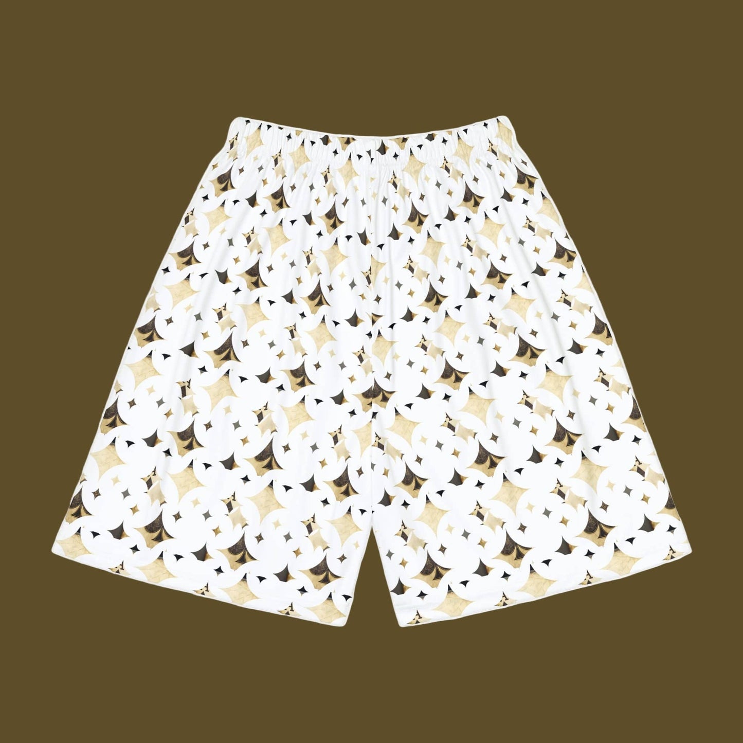White shorts with a black and gold geometric pattern on a white background