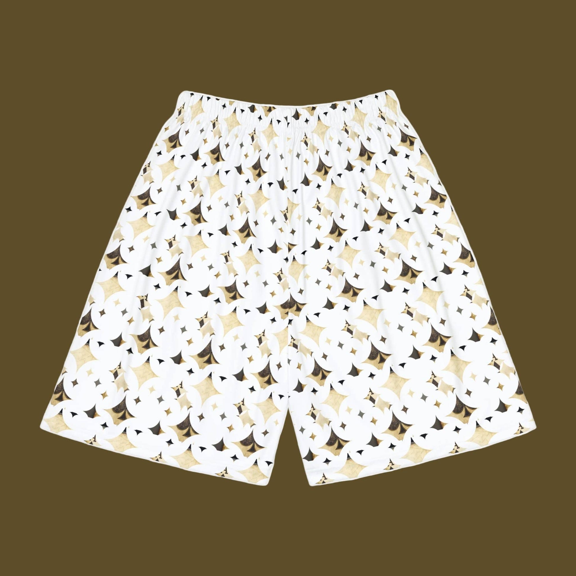 White shorts with a black and gold geometric pattern on a white background