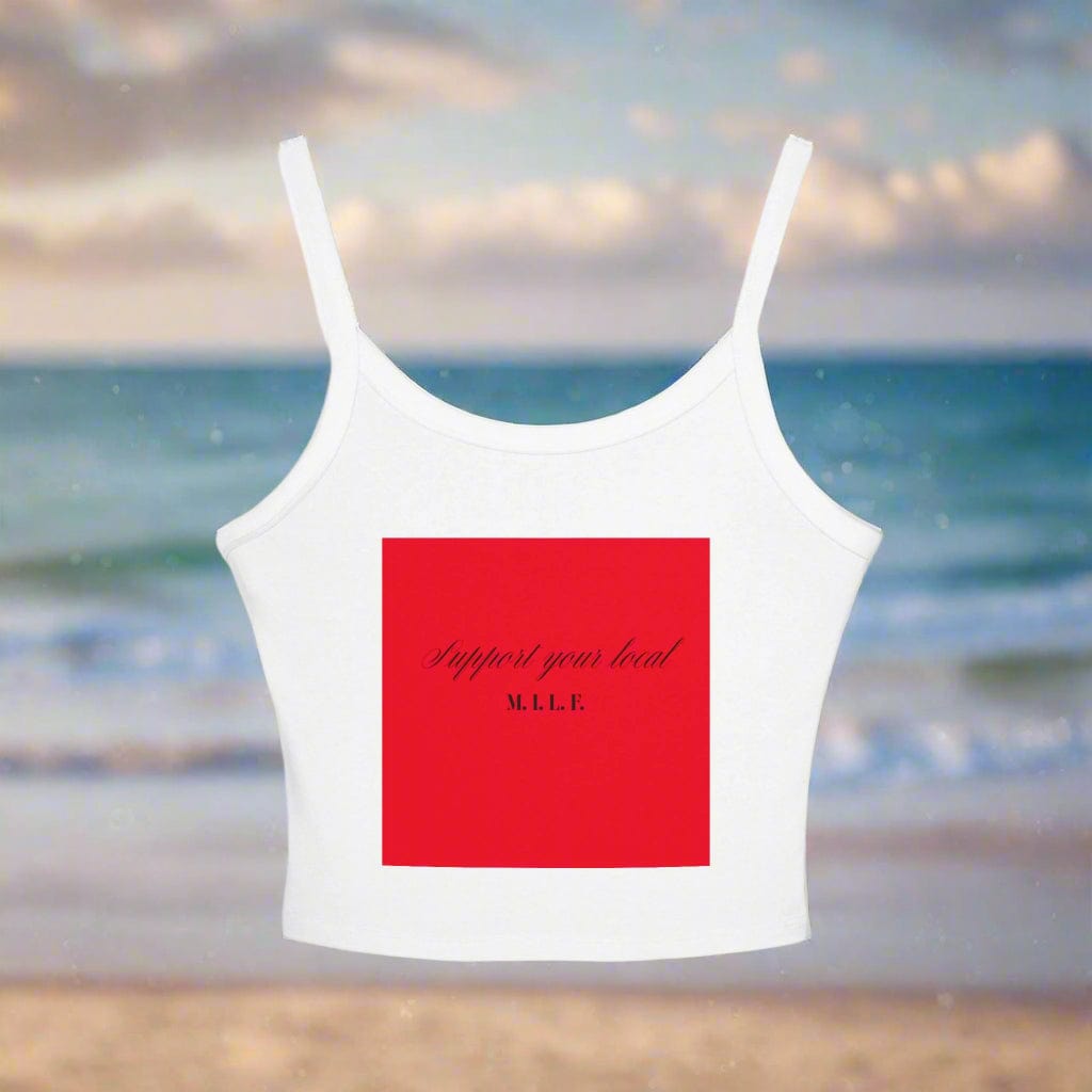 White tank top with a red square and text 'Support your local MILF'  on a white background