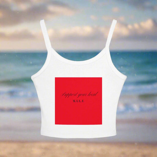 White tank top with a red square and text 'Support your local MILF'  on a white background