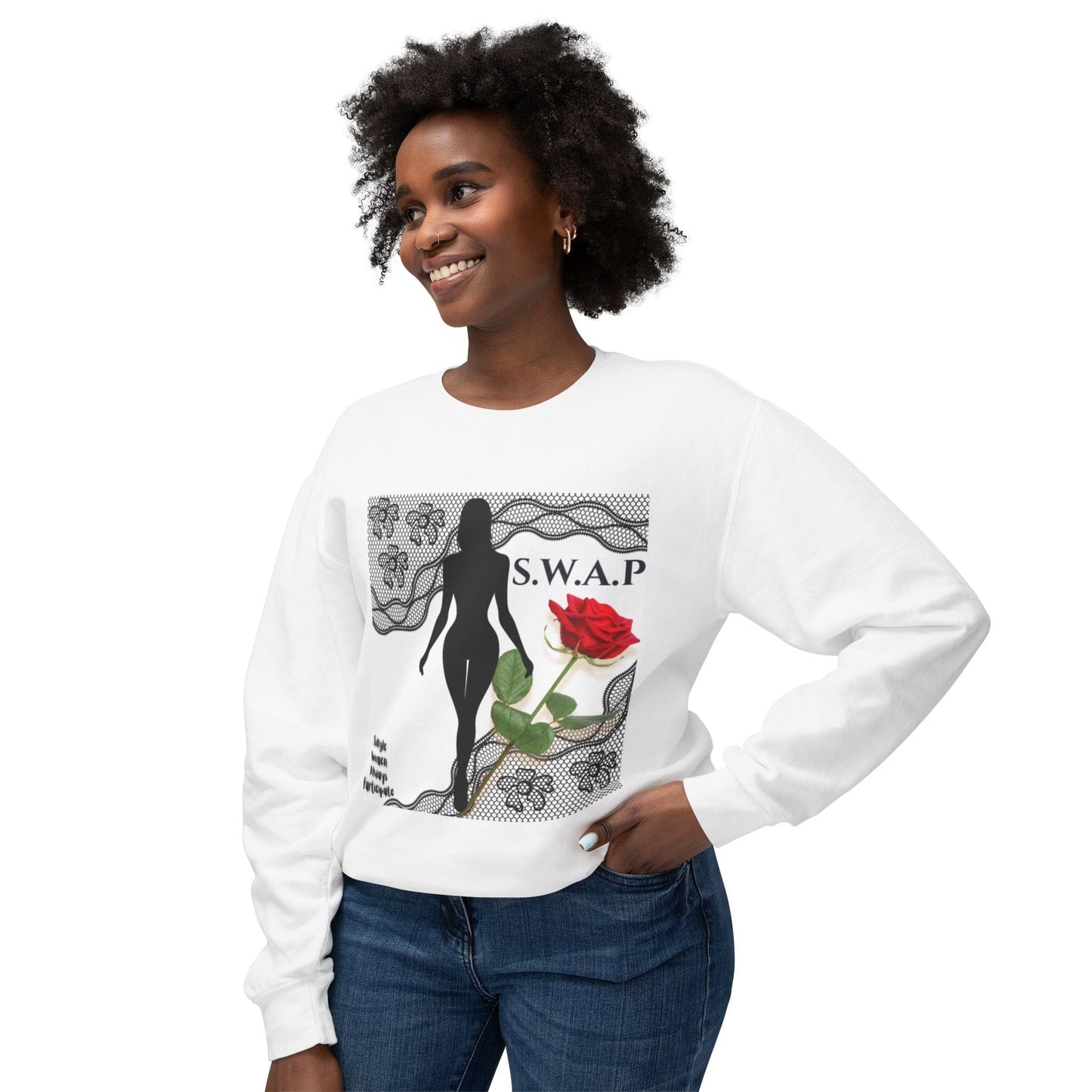 Woman wearing a white sweatshirt with a graphic design on a white background