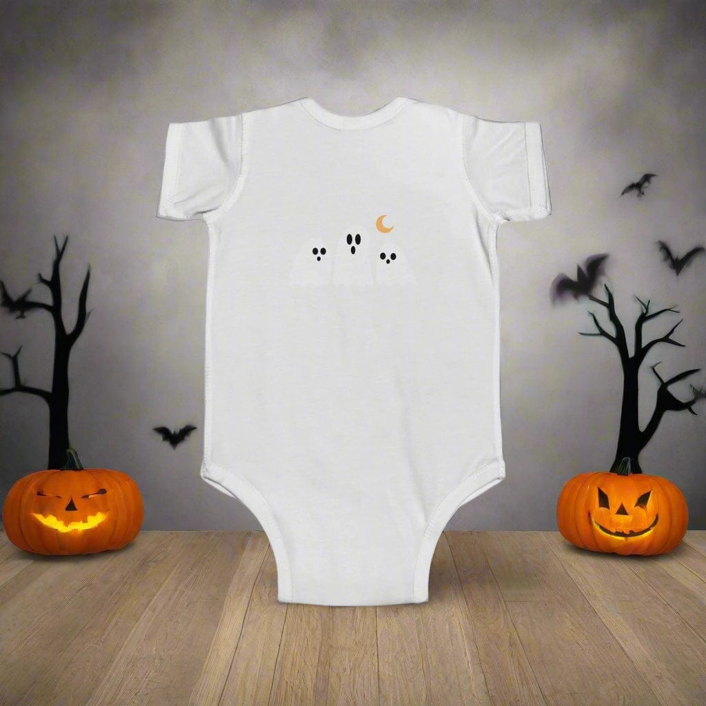White baby onesie with a small graphic on a white background(back).