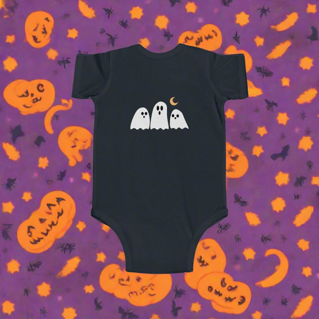 Black baby onesie with ghost design on a Halloween-themed purple background with pumpkins and spiders, (back).
