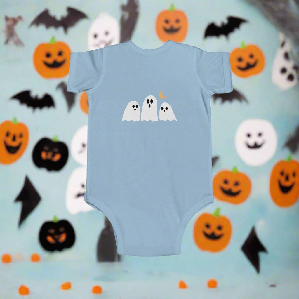 Light blue baby onesie with ghost design on a white background(Back)