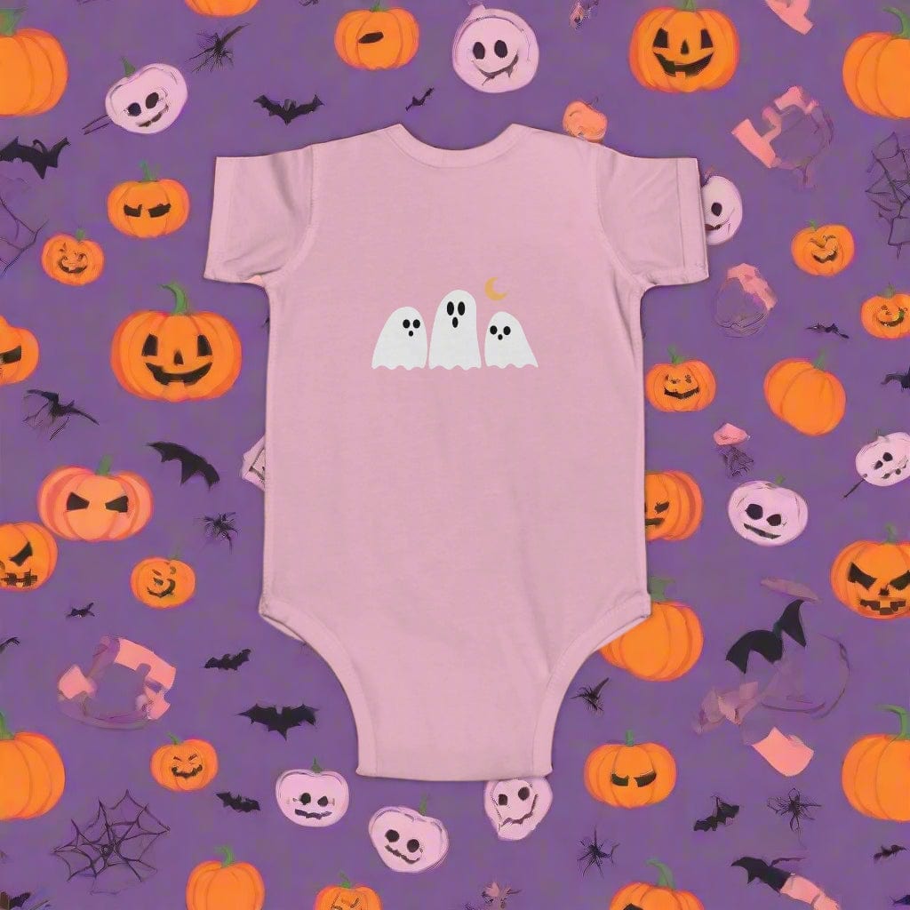 Pink baby onesie with ghost design on a white background,(back).