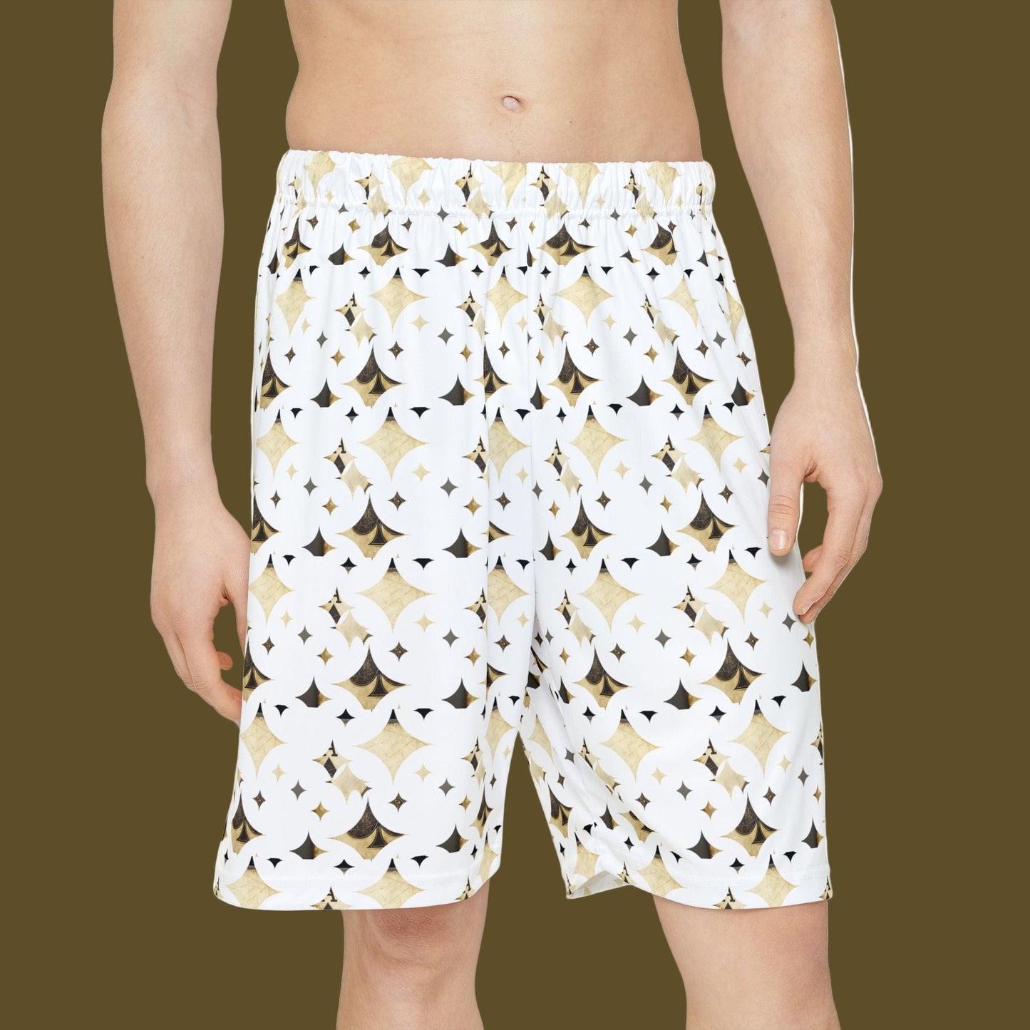 White shorts with geometric pattern worn by a person on a white background