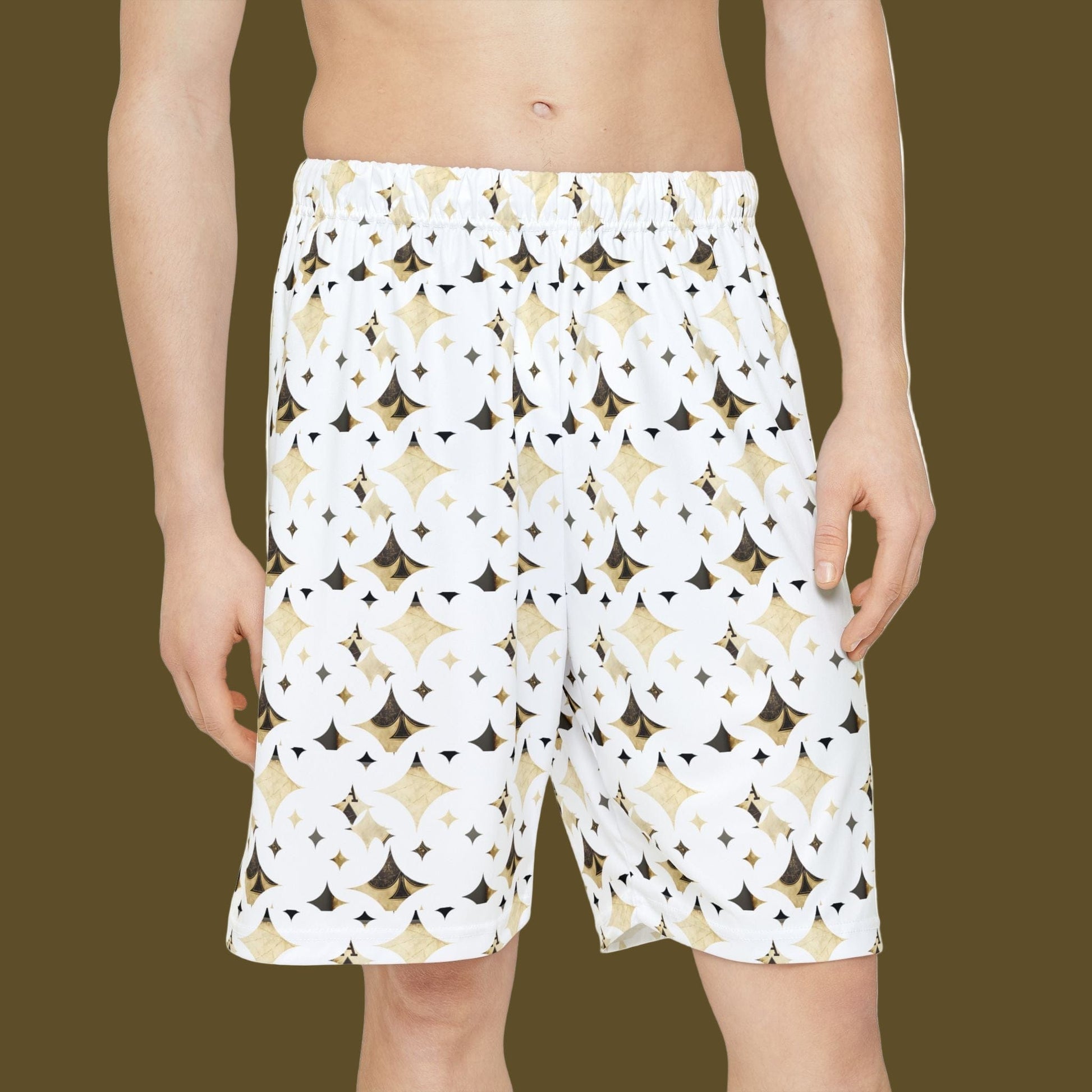 White shorts with geometric pattern worn by a person on a white background