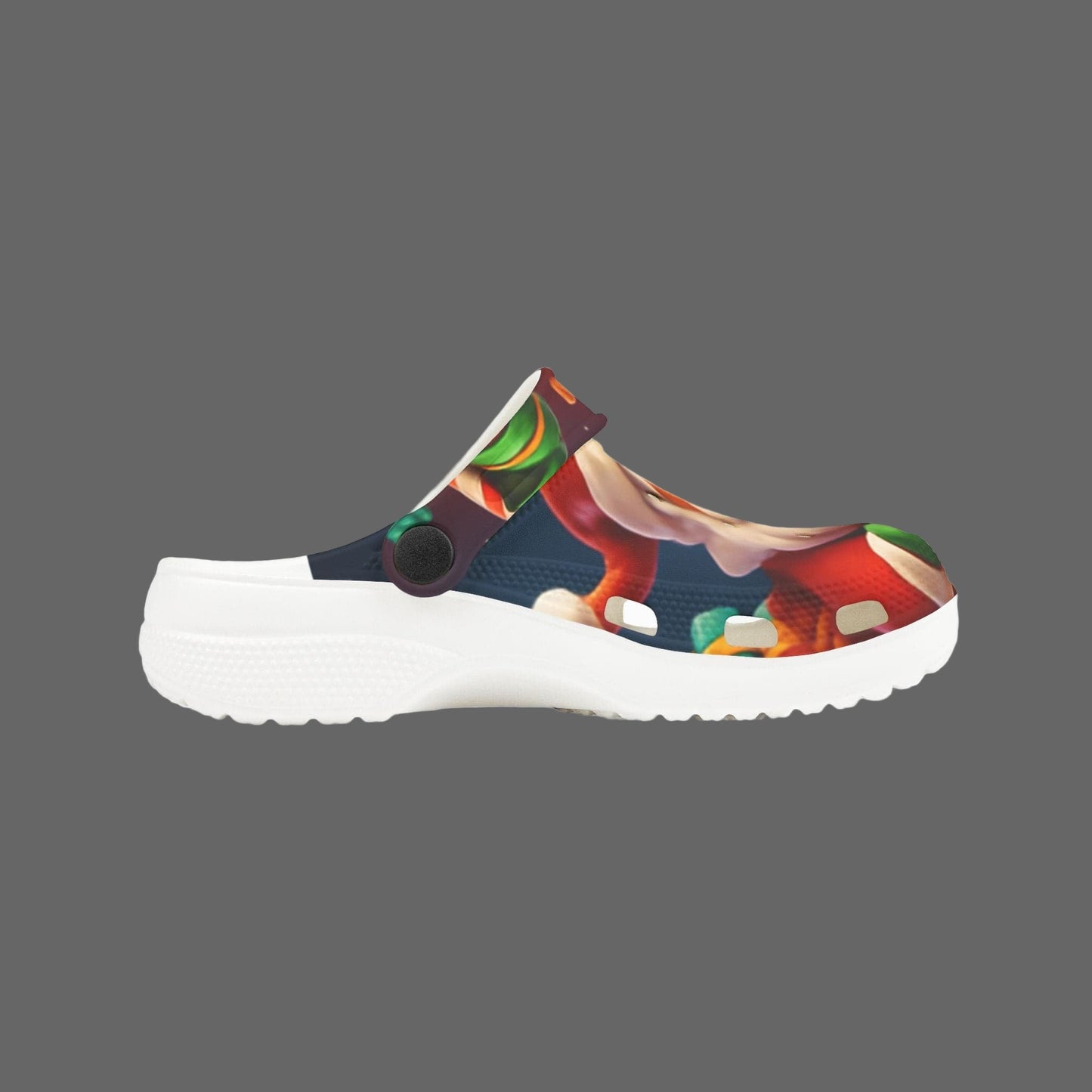 Kids Santa and elf foam clogs with festive EVA construction and playful holiday print