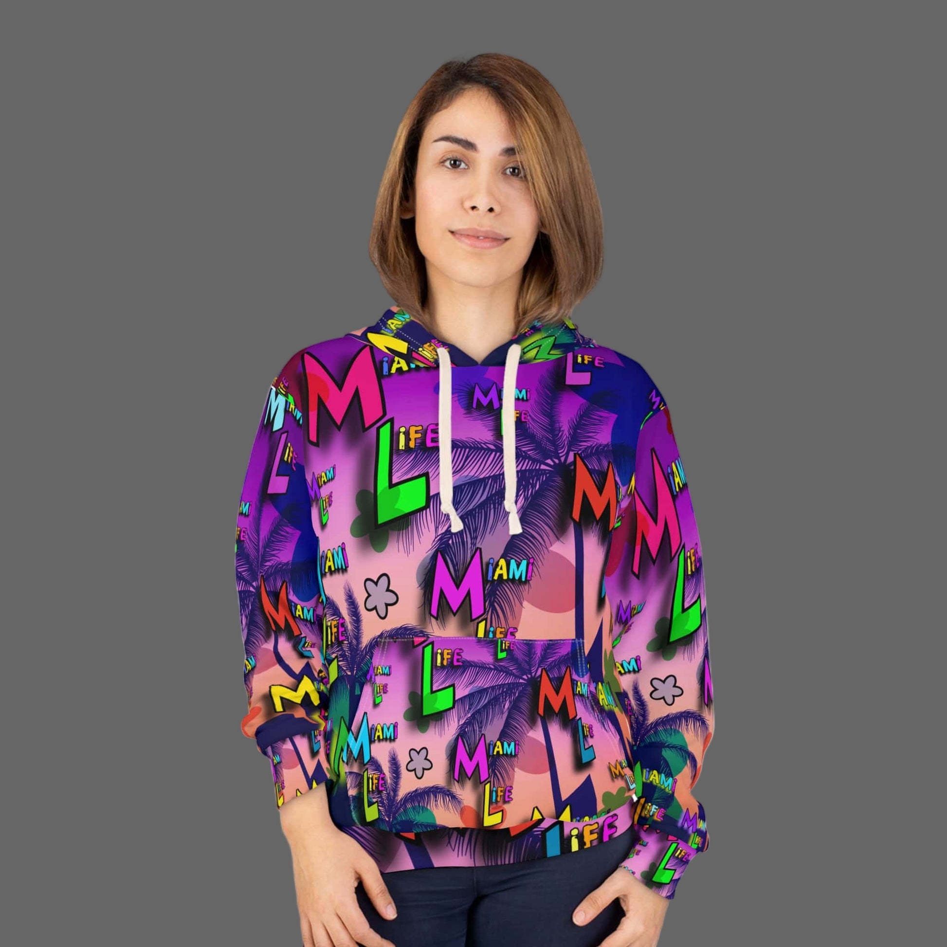 Person wearing a colorful hoodie with 'Miami' text and palm tree design on a white background