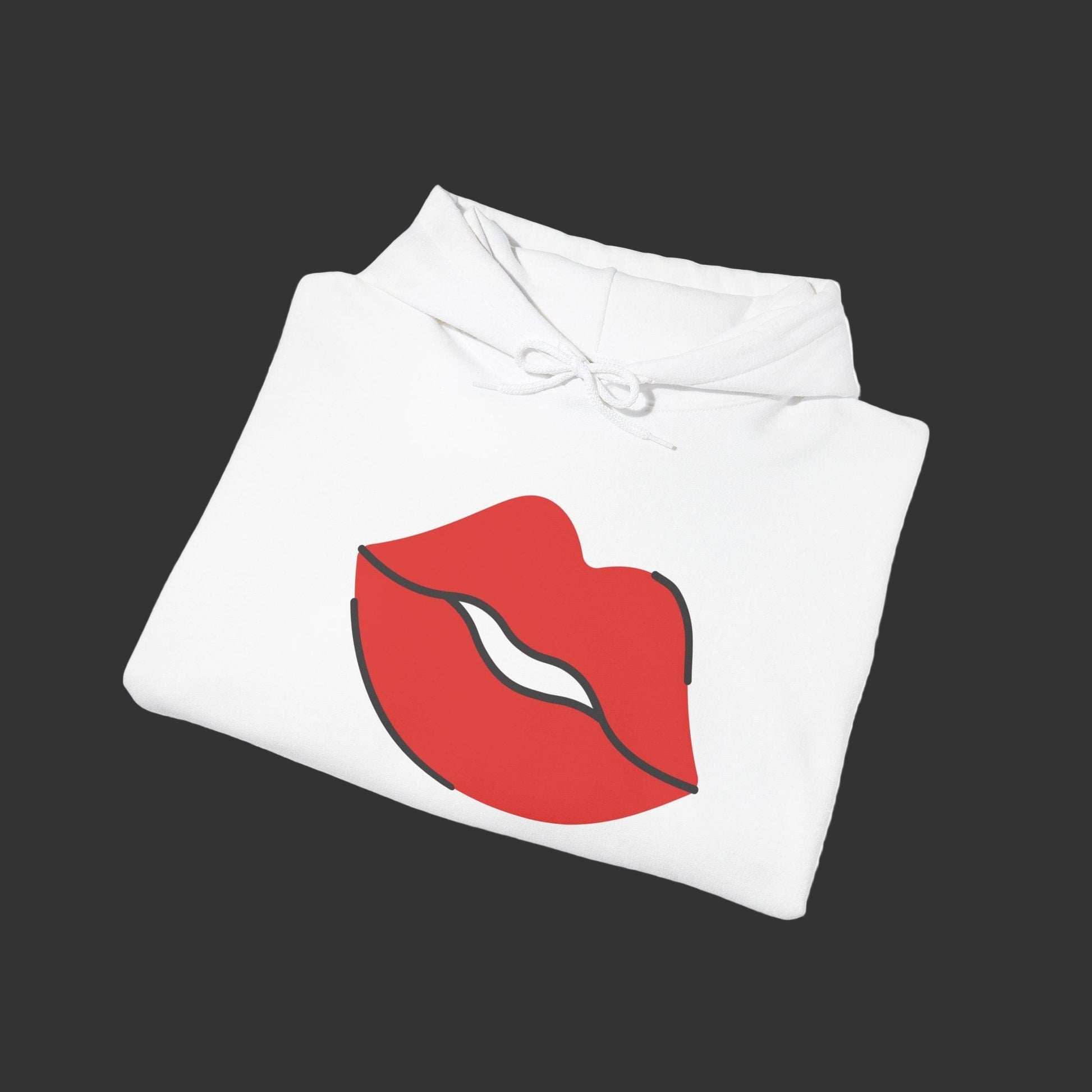 White hoodie with red lips design on a white background
