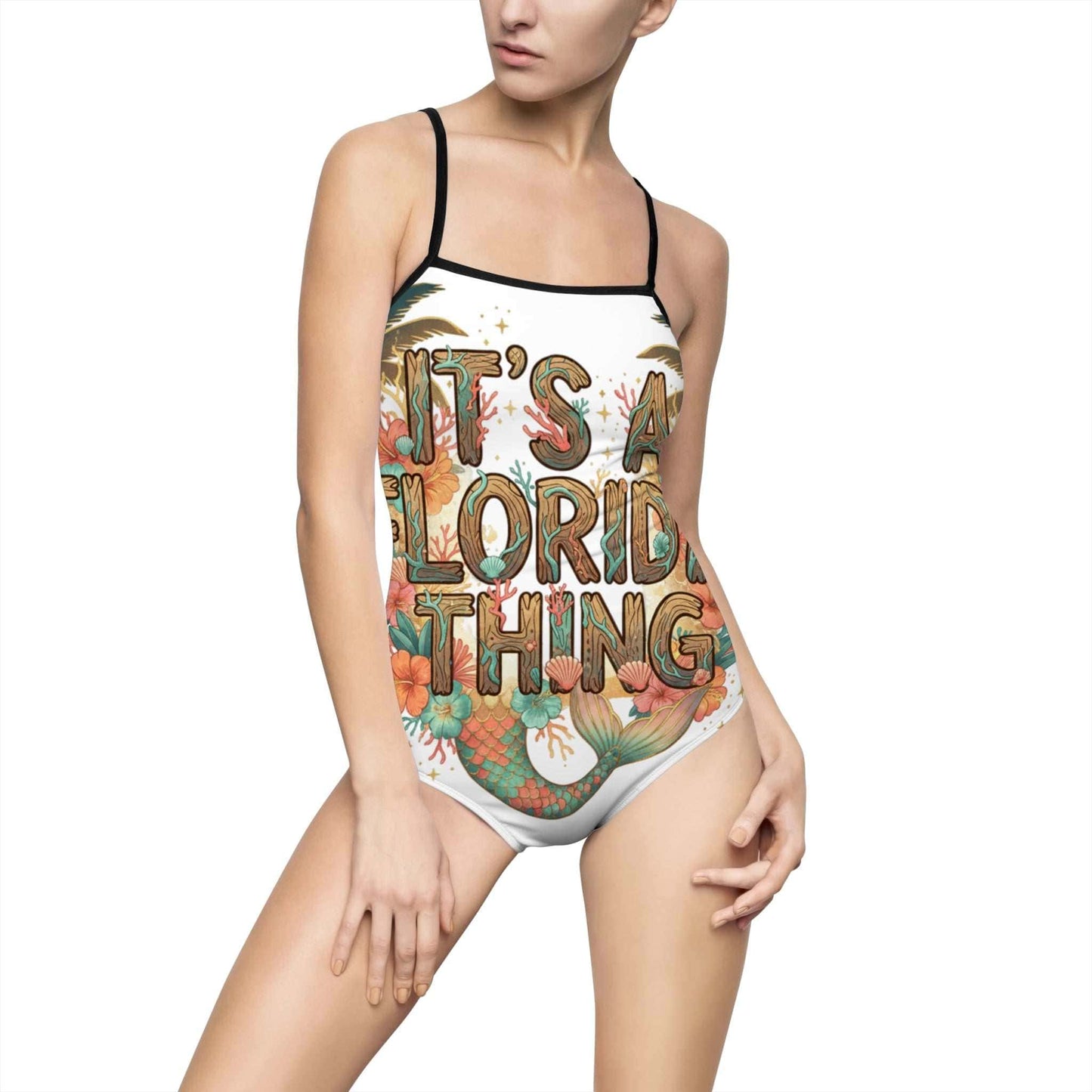 Women's one-piece swimsuit with "It's a Florida Thing" tropical wreath design and back cut-out straps
