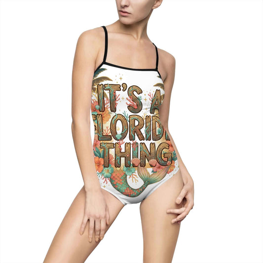 Women's one-piece swimsuit with "It's a Florida Thing" tropical wreath design and back cut-out straps