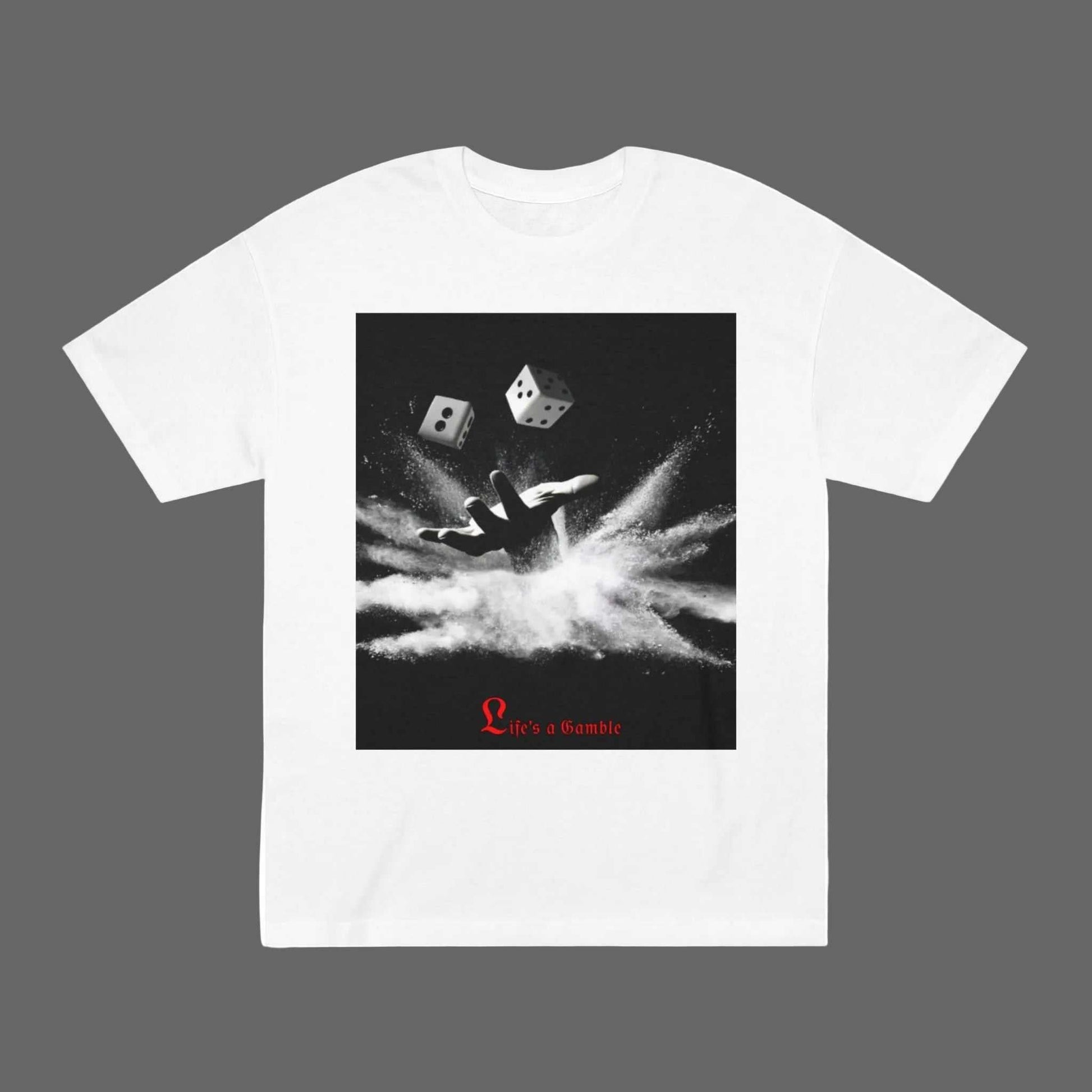 Graphic T-Shirt— Hand of Dust Rolling Dice Graphic T-Shirt with a graphic design Life's a Gamble Dice Tee  —  Hand of Dust Rolling Dice Graphic T-Shirt featuring dice and text on a white background