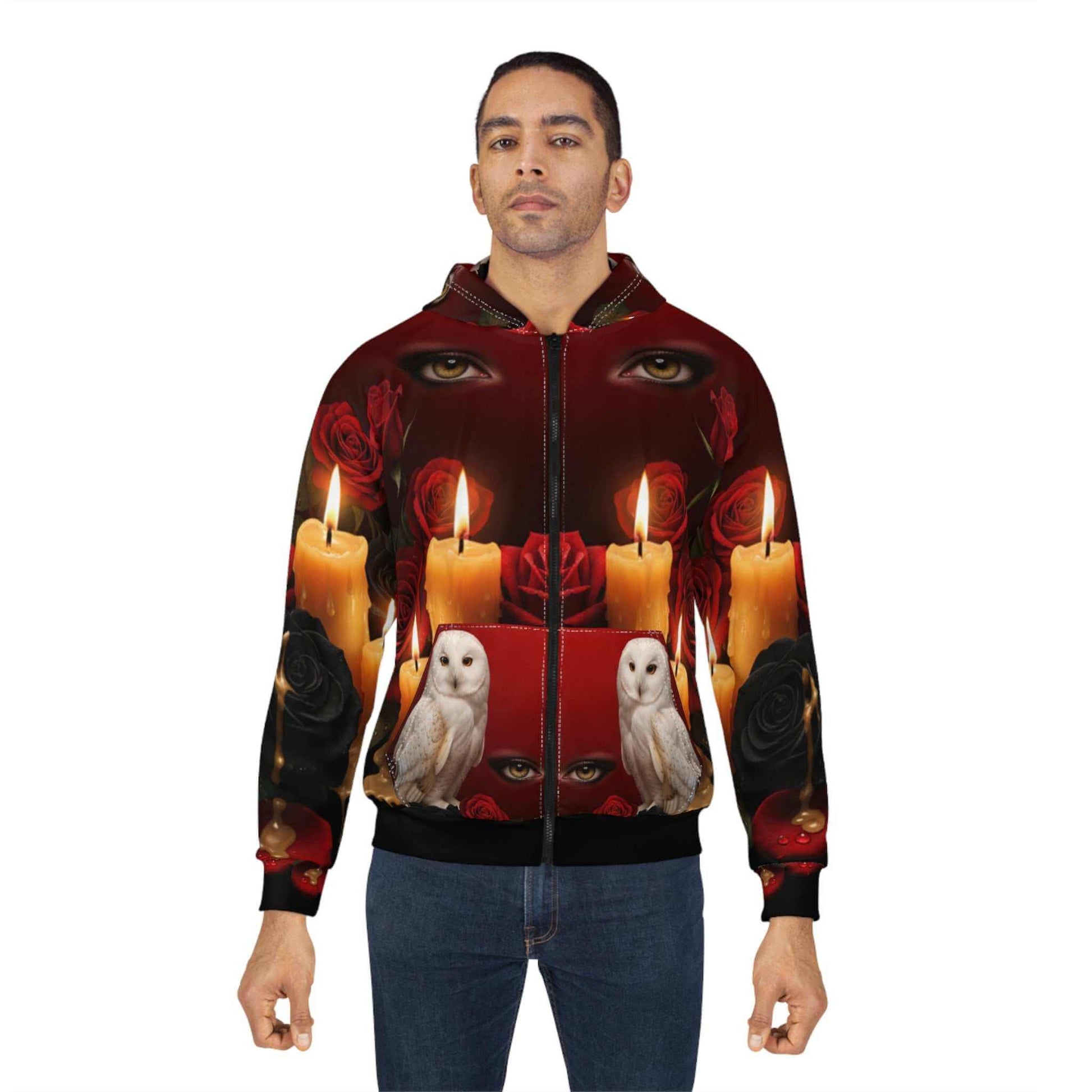 Red & black rose hoodie featuring white owl with melting candles on gradient backdrop