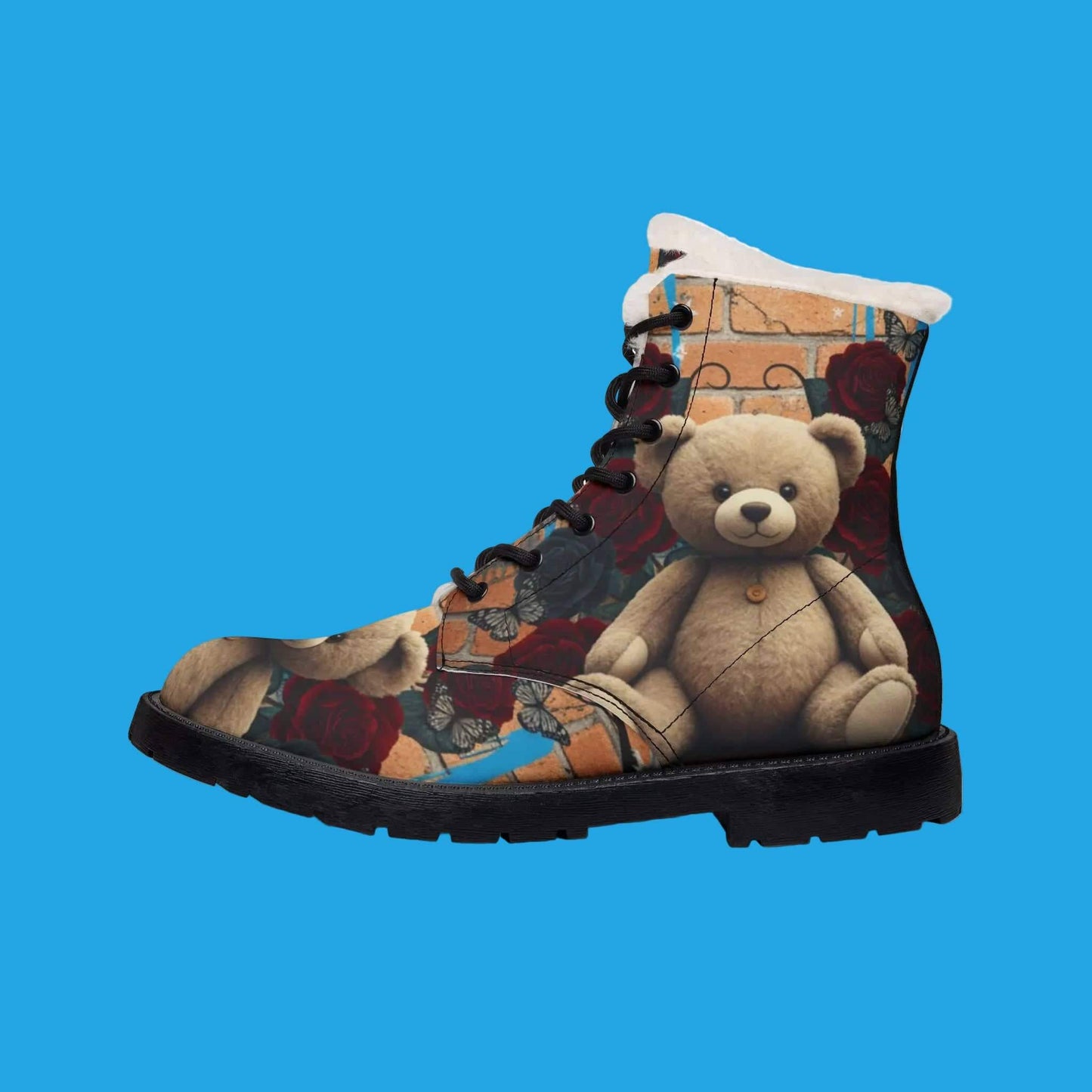 Teddy Bear Fur Lined leather boots with plush fleece interior and durable microfiber exterior featuring whimsical print