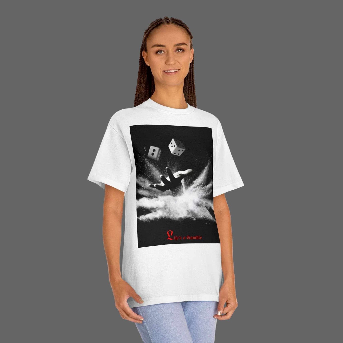 Graphic T-Shirt— Hand of Dust Rolling Dice Graphic T-Shirt person wearing a white t-shirt with a black graphic design on a white background 