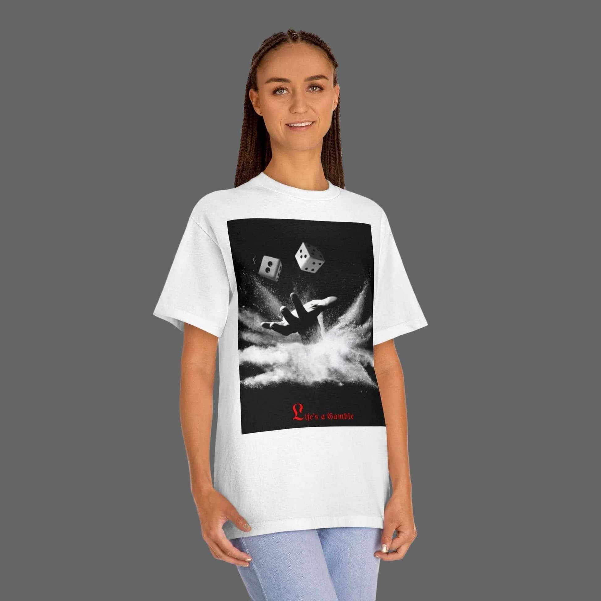 Graphic T-Shirt— Hand of Dust Rolling Dice Graphic T-Shirt person wearing a white t-shirt with a black graphic design on a white background 