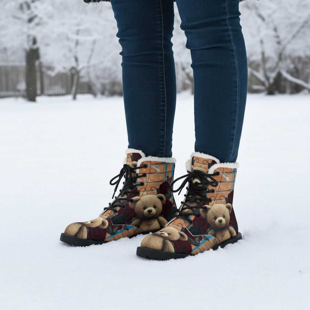 Teddy bear fur lined leather boots with plush fleece interior and durable microfiber exterior featuring a playful teddy bear print, sturdy PVC outsole, and vegan-friendly materials.