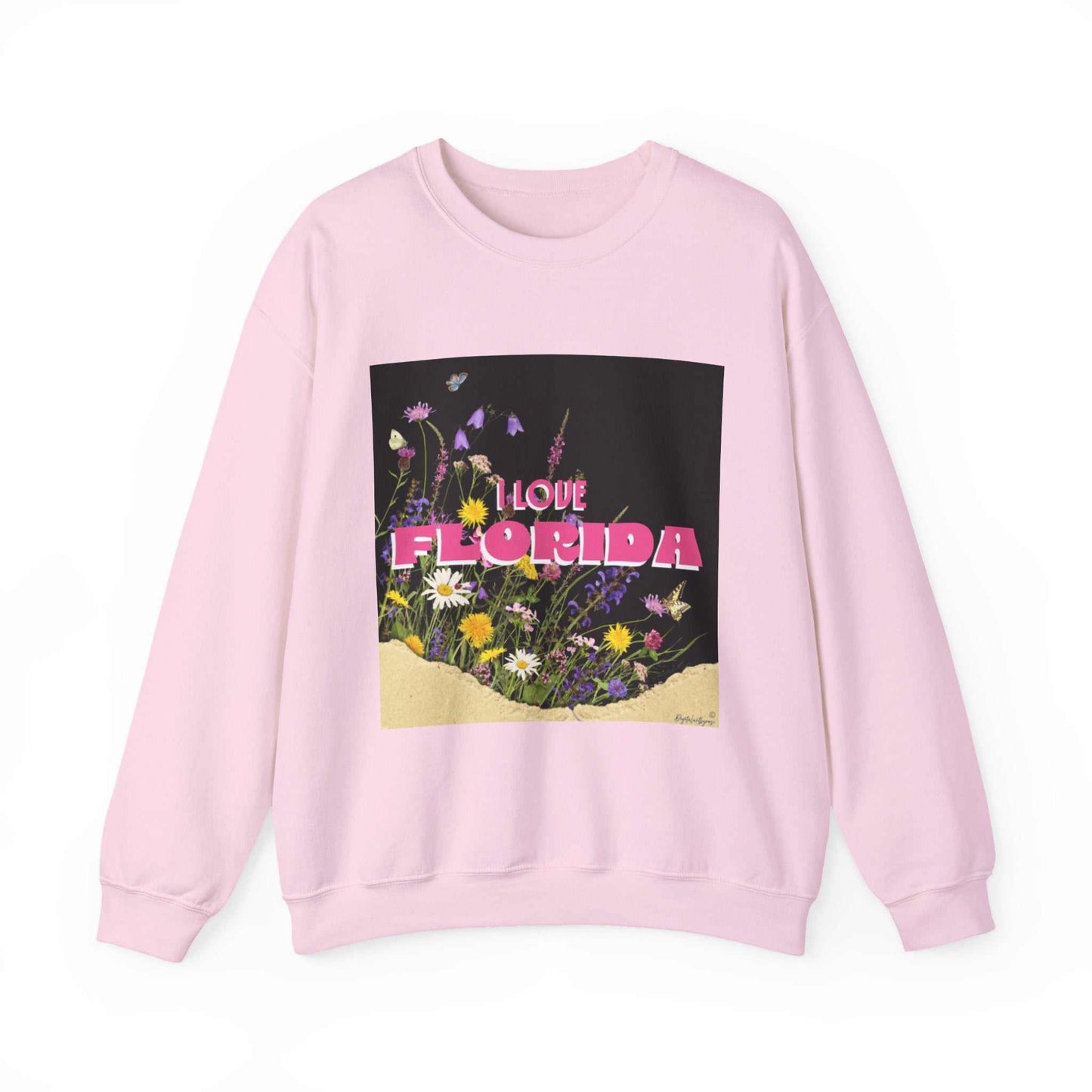 Black I Love Florida crewneck sweatshirt with pink floral design and embroidered details