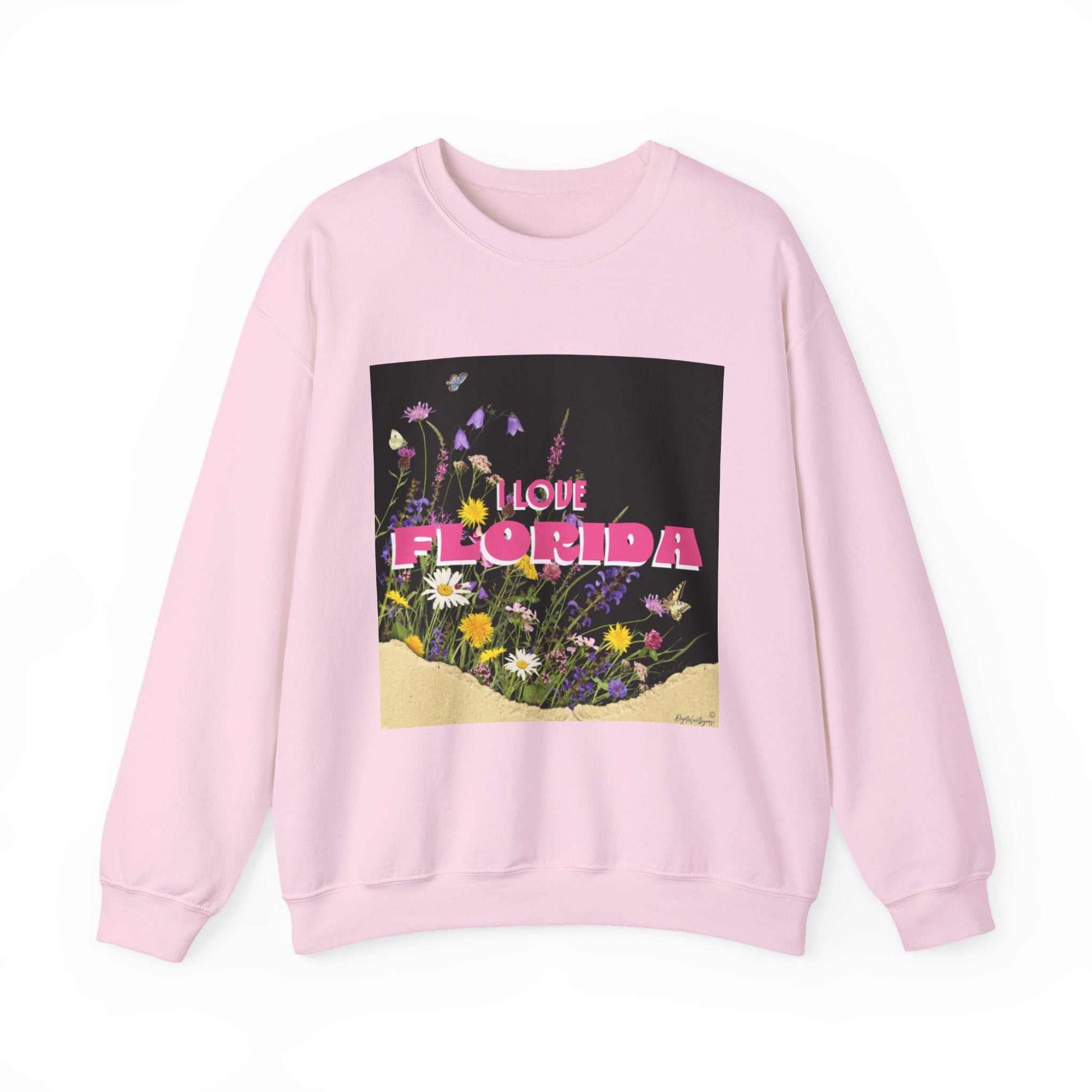 Black I Love Florida crewneck sweatshirt with pink floral design and embroidered details