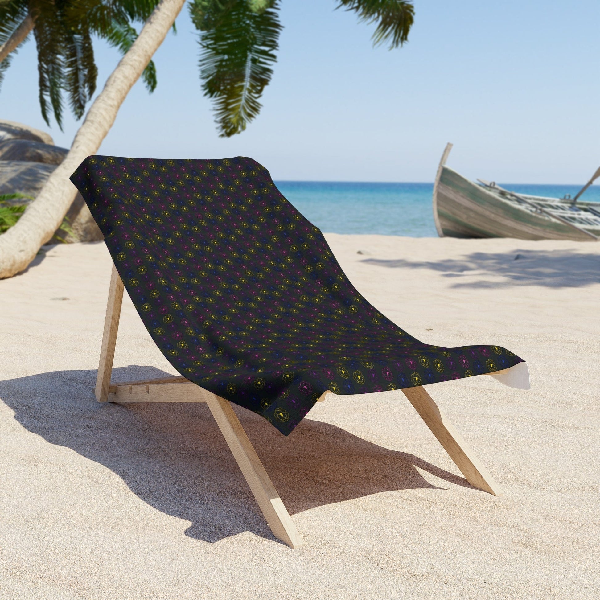 Beach chair with a patterned cover on a sandy beach with palm trees and ocean in the background
