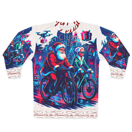 Christmas in Miami Unisex Sweatshirt - Mr & Mrs Clause Riding E-Bikes and Reindeer Walking in City