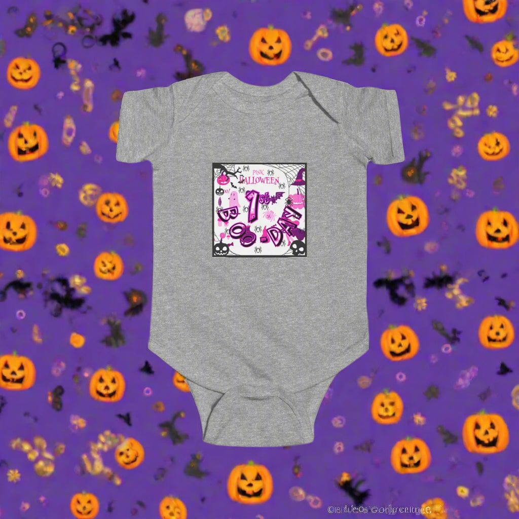Gray baby onesie with a Halloween-themed design on a purple background with Halloween decorations.