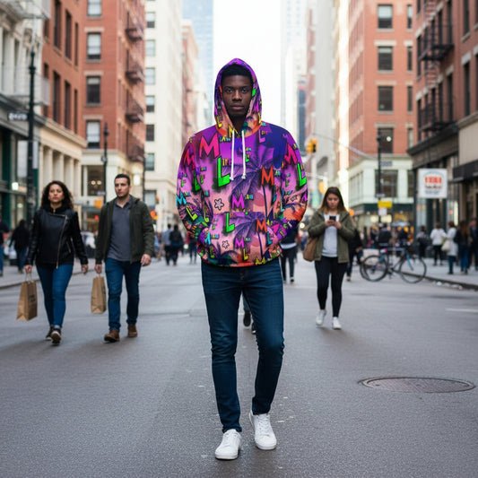 Colorful hoodie with 'Miami' text and palm tree design on a white background