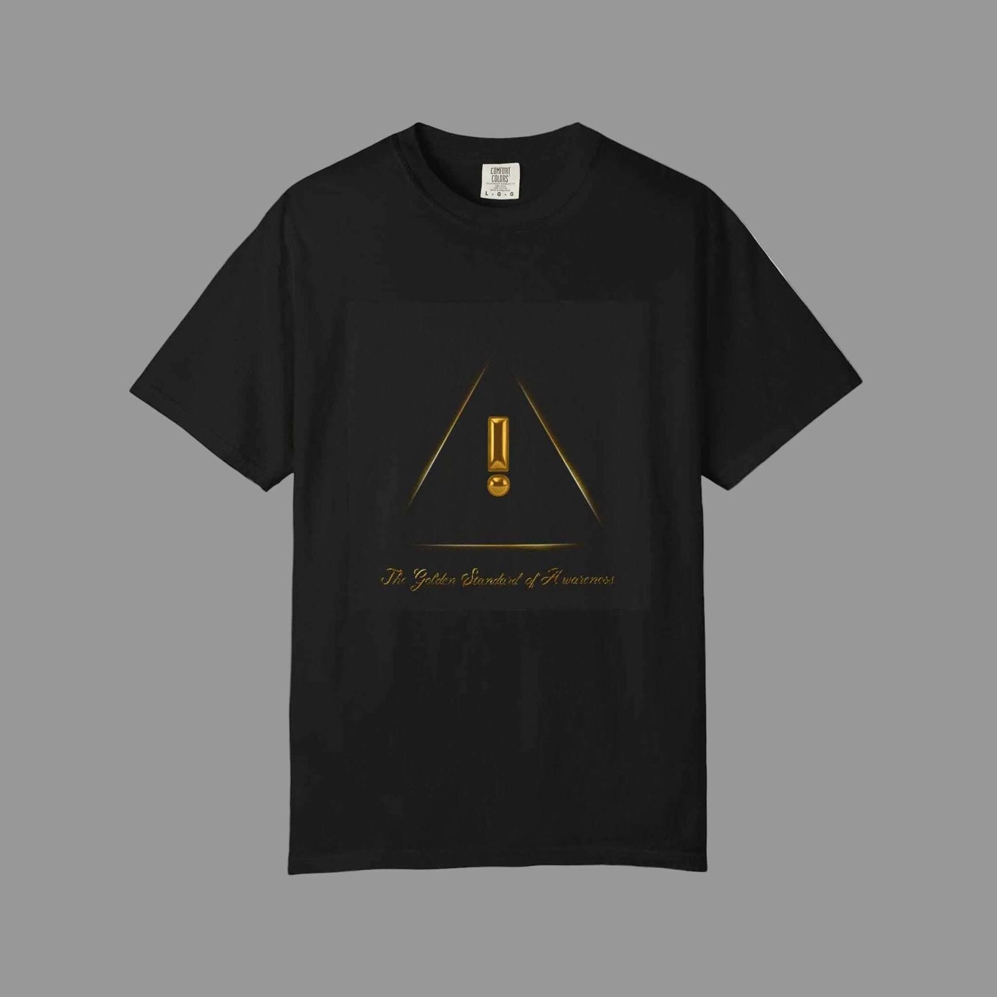 Black t-shirt with gold graphic and text on a white background