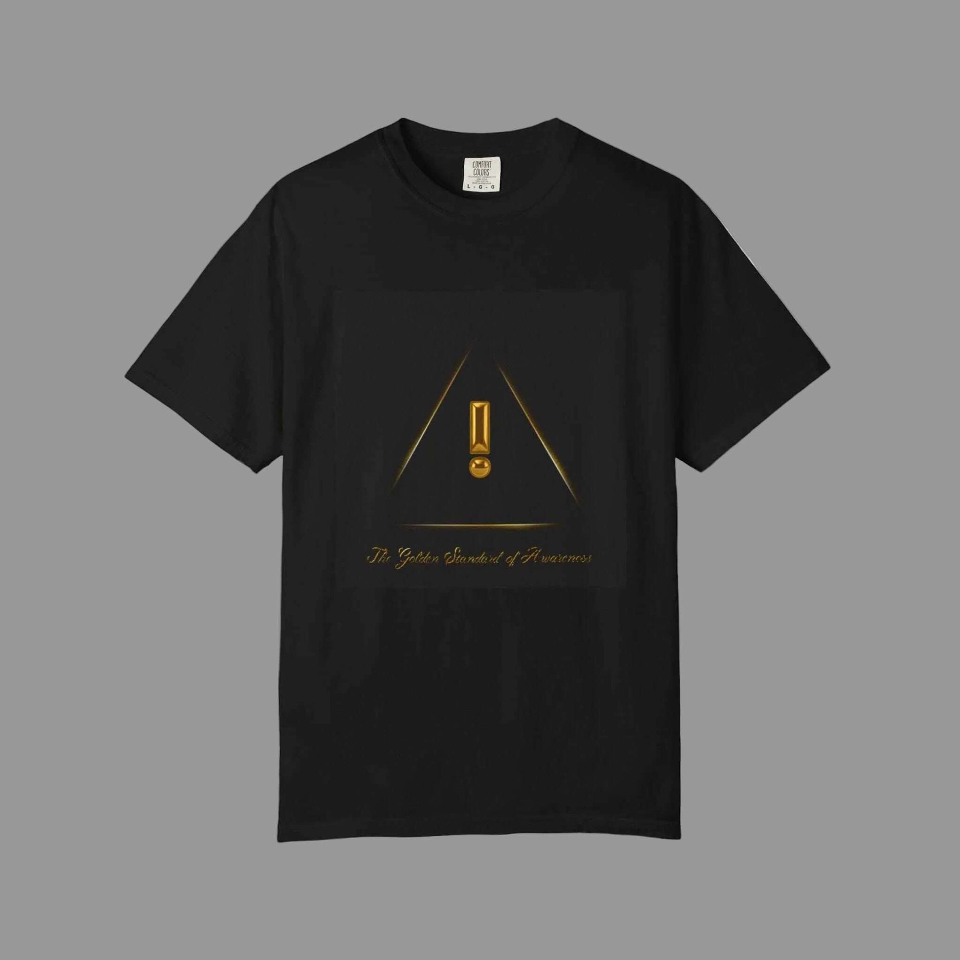 Black t-shirt with gold graphic and text on a white background