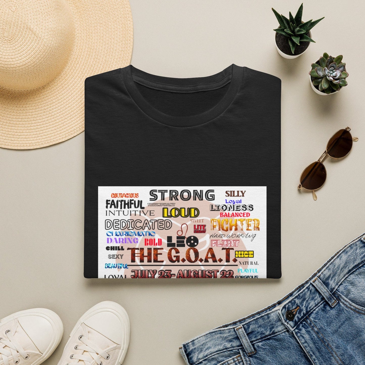 The G.O.A.T. Word Cloud T-Shirt in natural cotton with colorful word-cloud design celebrating strength and loyalty