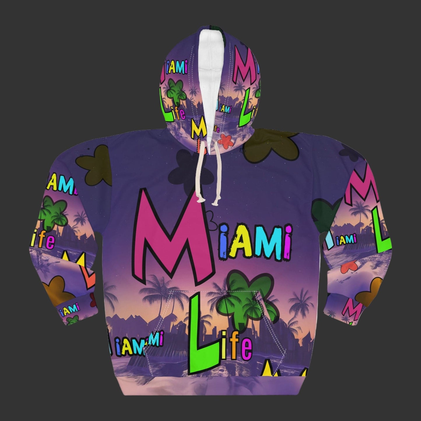 Colorful hoodie with 'Miami Life' text and palm tree design on a white background