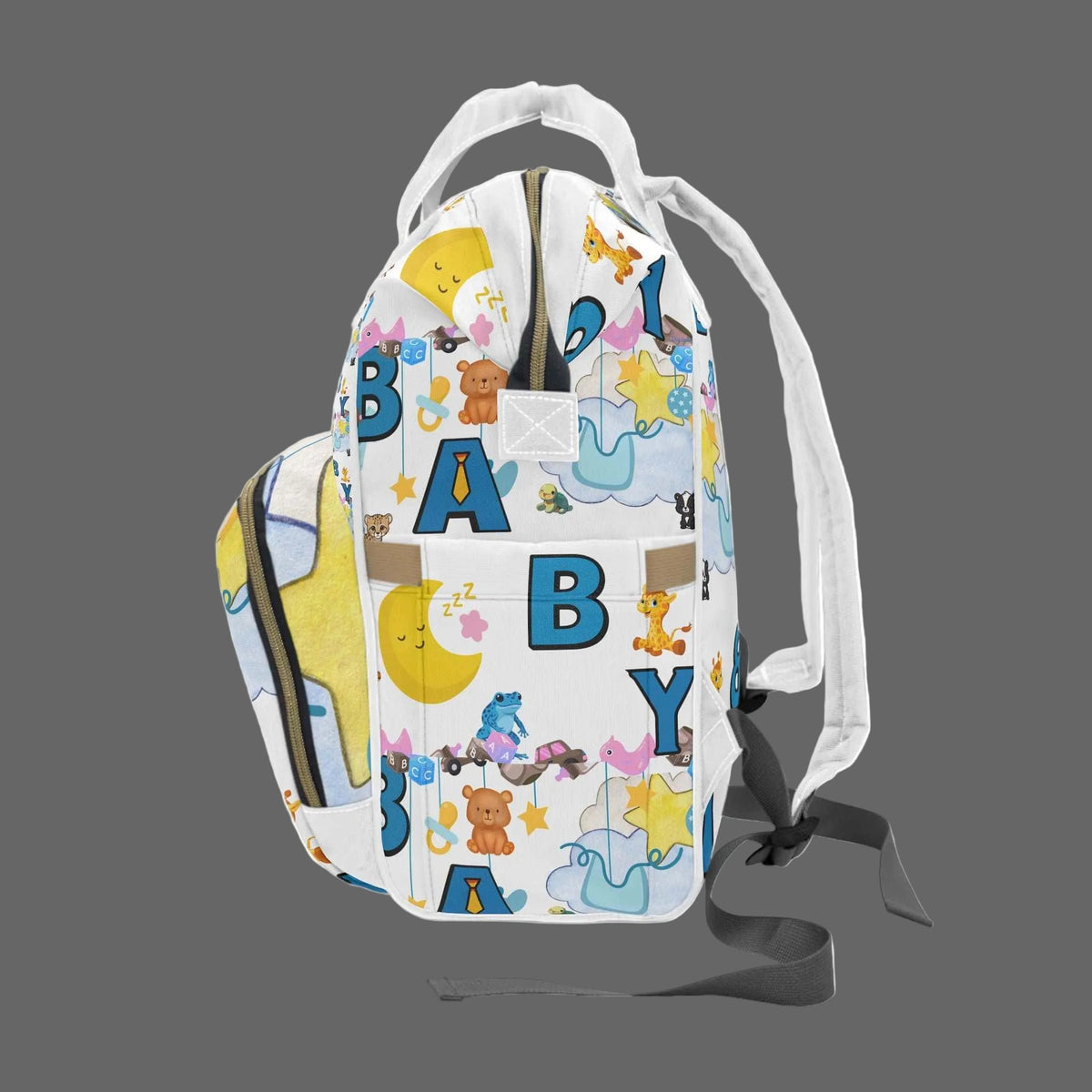 Baby Alphabet Diaper Backpack with nursery animal print and multiple compartments for organized baby essentials