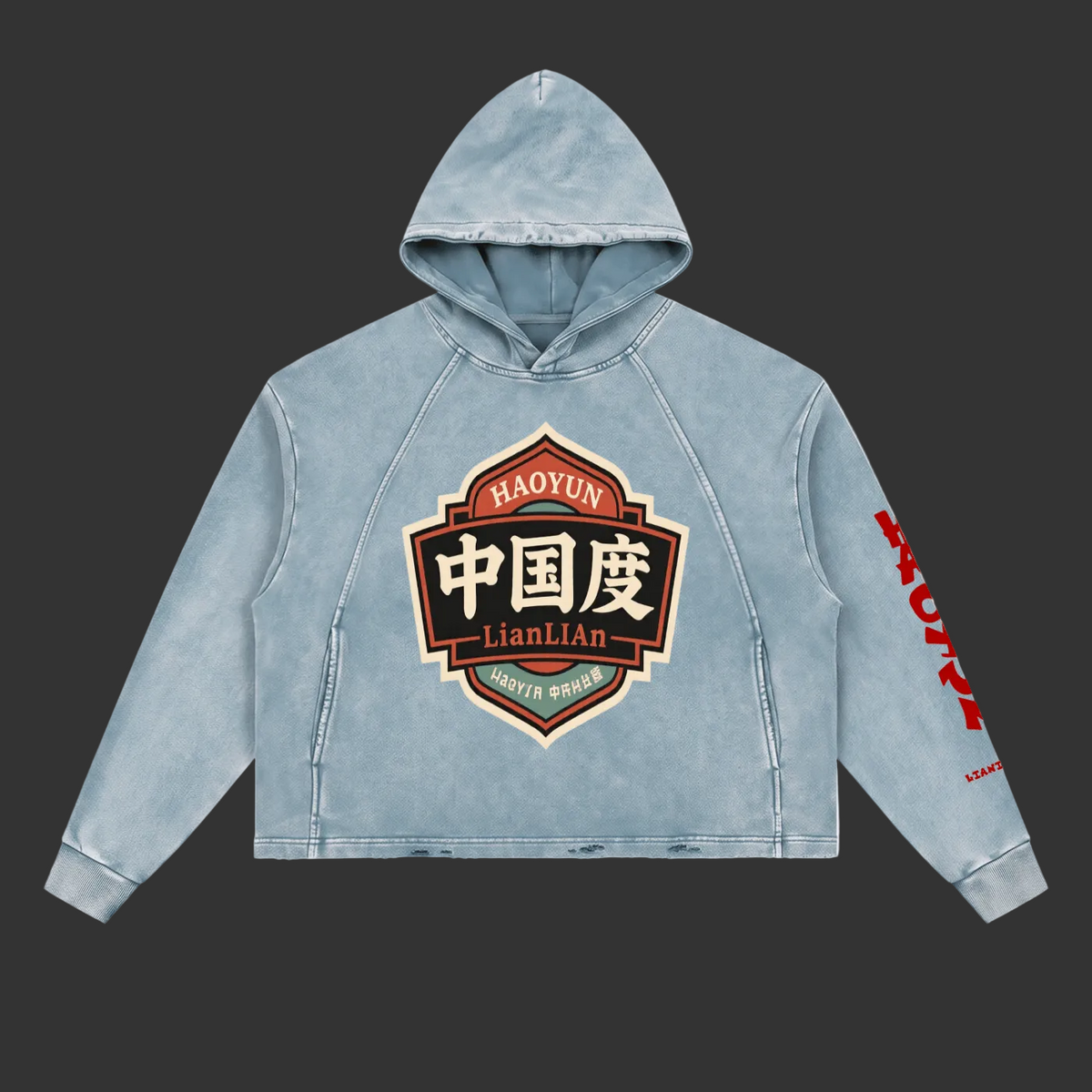 A light blue acid-wash cropped hoodie with a large shield-shaped graphic on the chest featuring Chinese characters and the brand name 'HAOYUN', plus red text down one sleeve, shown on a plain white background.