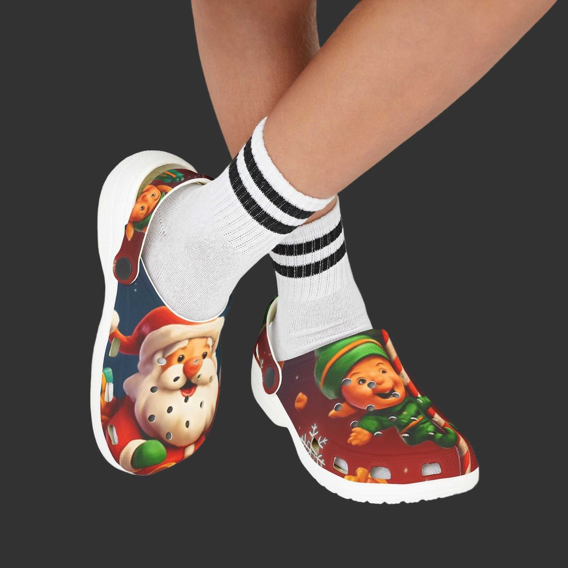 Kids Santa & Elf Foam Clogs with festive EVA foam, lightweight and cushioned for holiday comfort