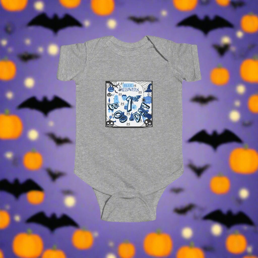 Gray baby onesie with a blue and white pattern on a white background