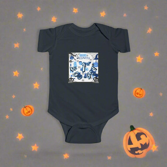 Navy blue baby onesie with a white pattern on a white background