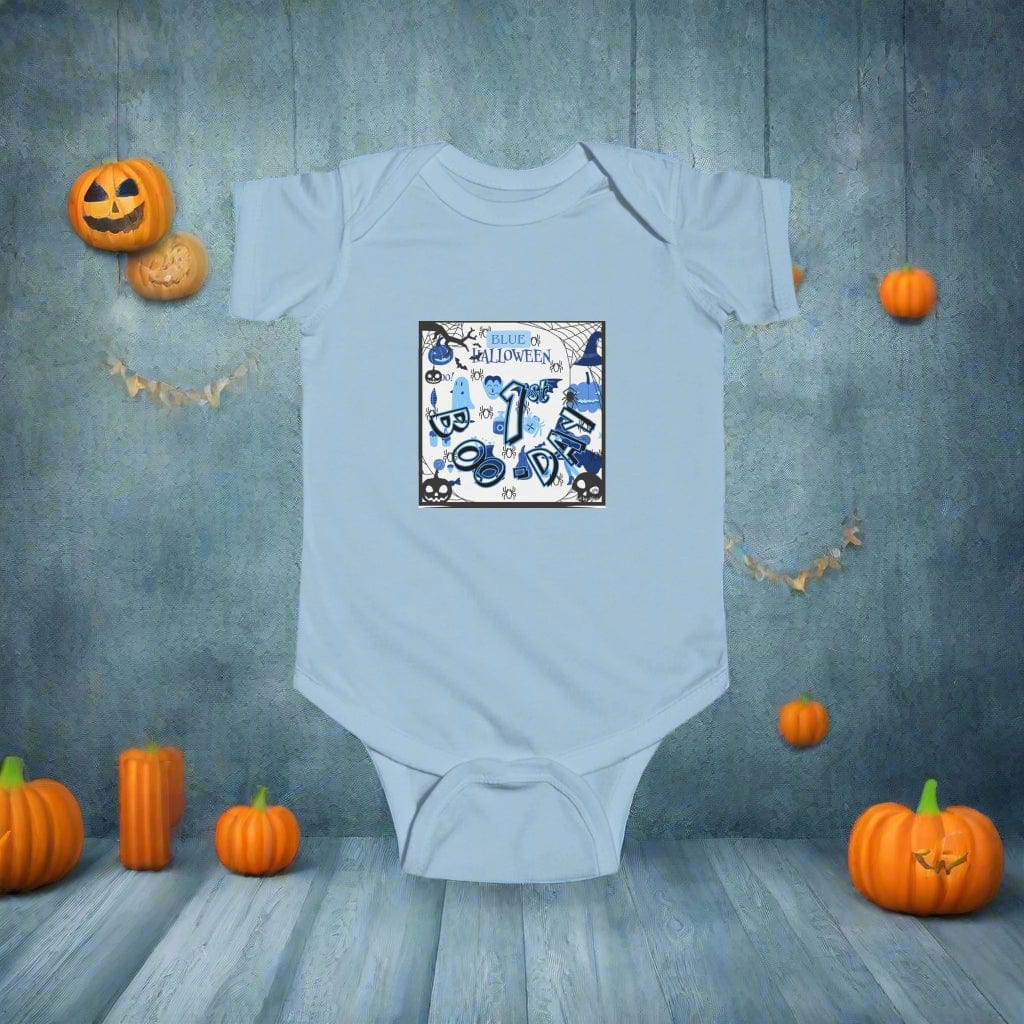 Light blue baby onesie with a Halloween-themed design on a white background