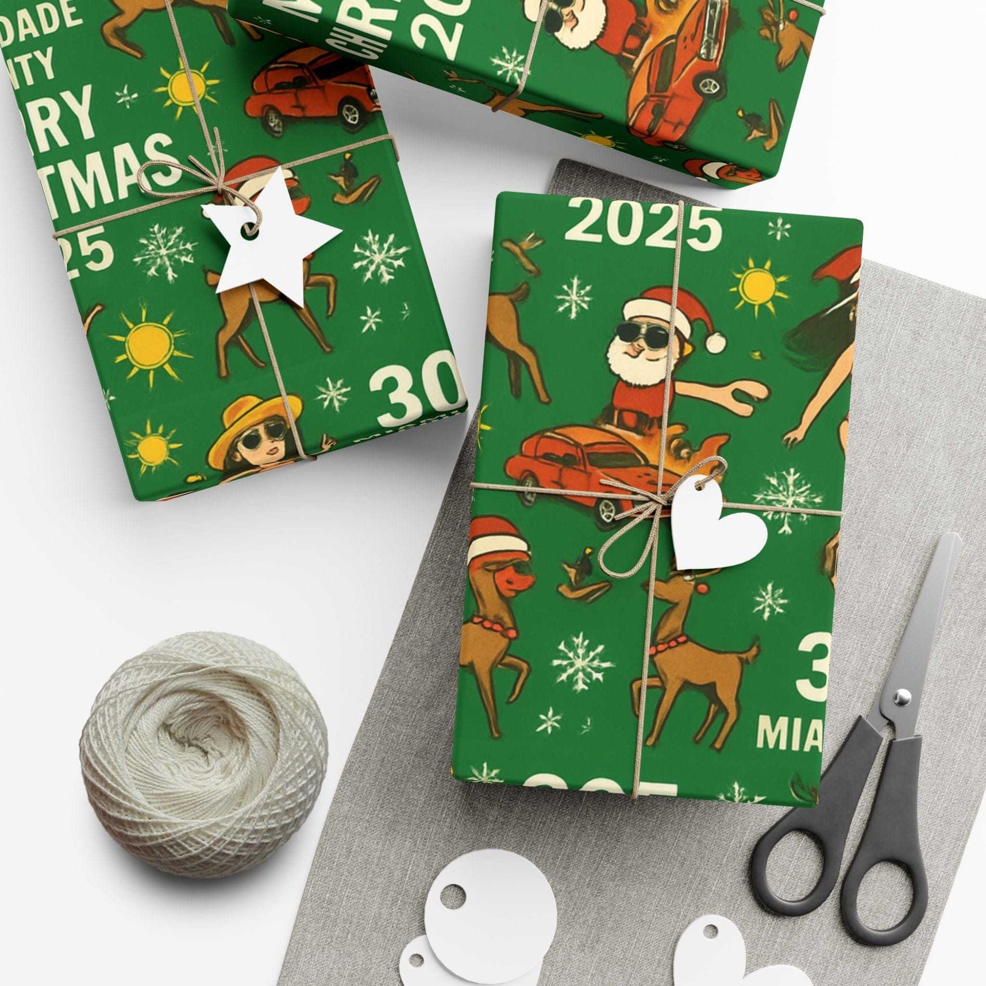 Miami Santa Gift Wrap Paper with vibrant lowrider Santa design on satin or matte finish recyclable paper
