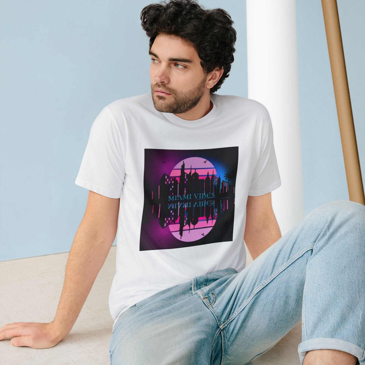 Retro Cyber City T-Shirt featuring neon sunset skyline on organic cotton fabric