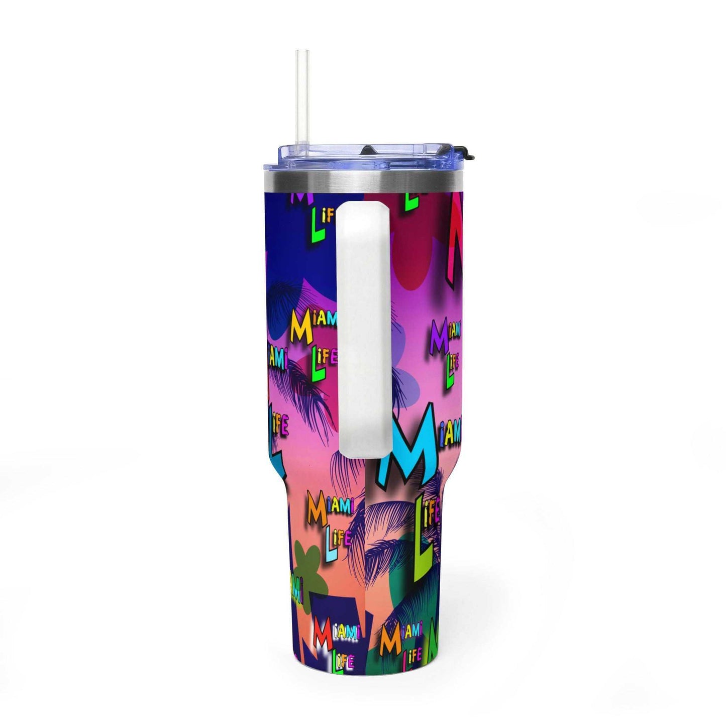 Miami Life 40oz Vacuum Tumbler insulated travel mug with handle in bright beach colors