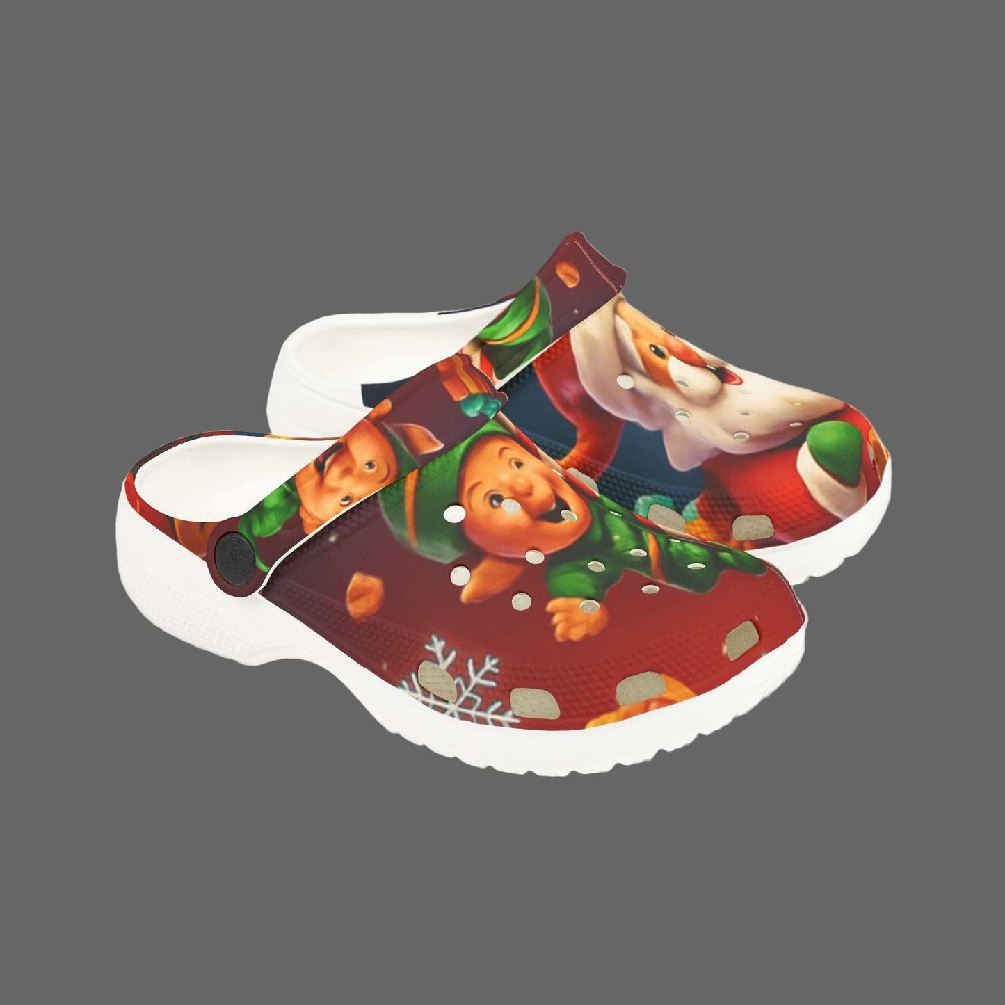 Kids Santa and elf foam clogs with festive EVA design and customizable charms for holiday fun