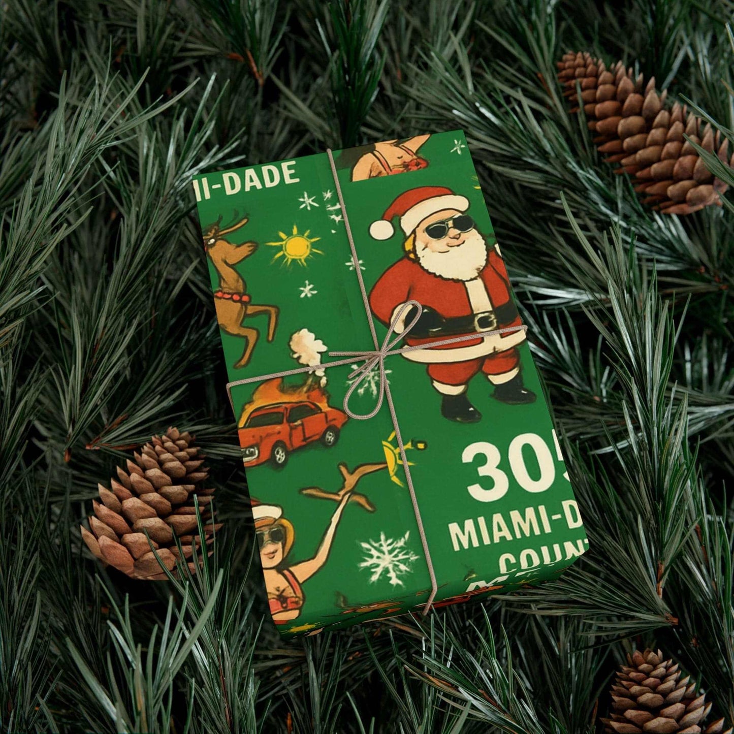 Miami Santa Gift Wrap Paper with Santa in lowrider cruising Miami-Dade, vibrant holiday design on satin or matte recyclable paper