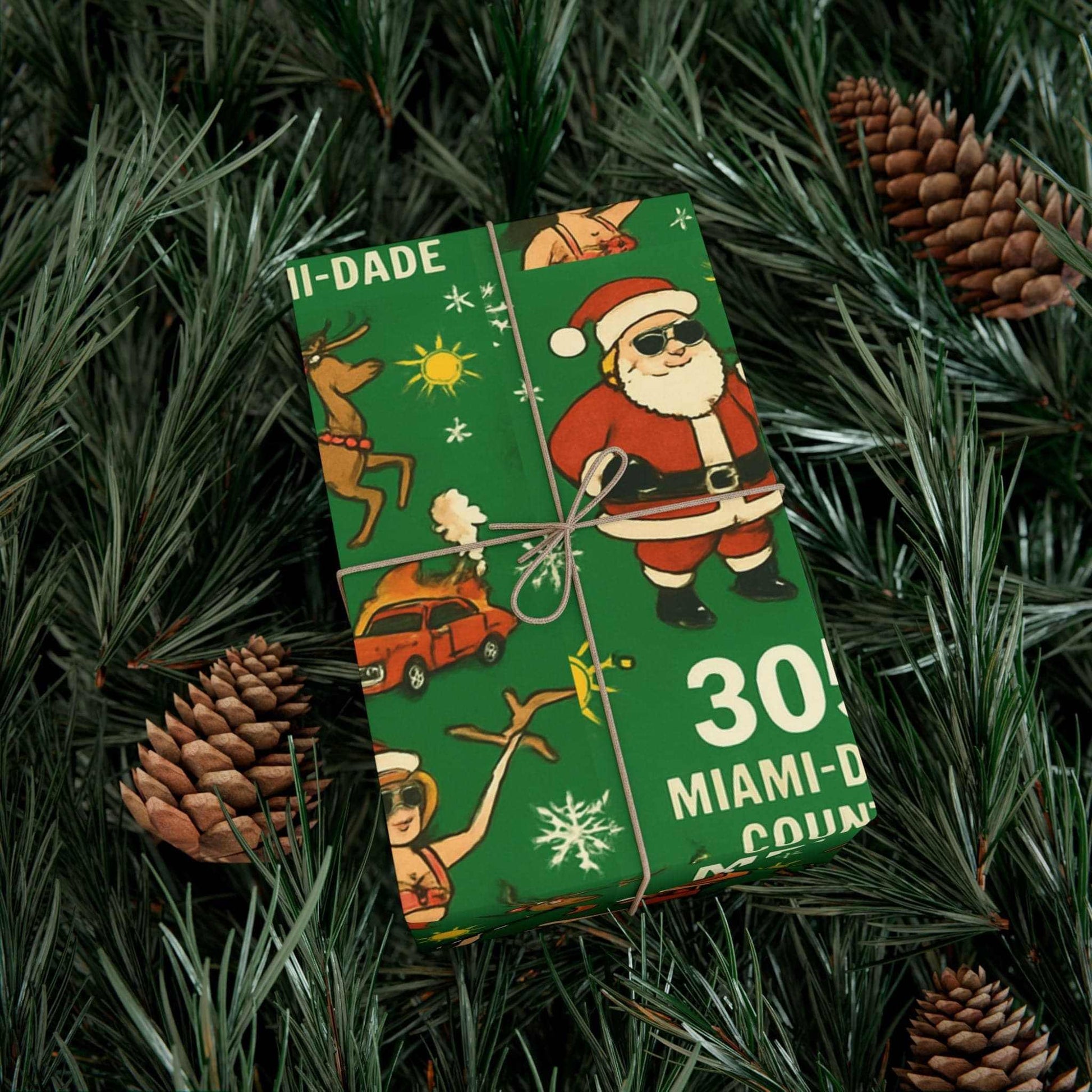 Miami Santa Gift Wrap Paper with Santa in lowrider cruising Miami-Dade, vibrant holiday design on satin or matte recyclable paper