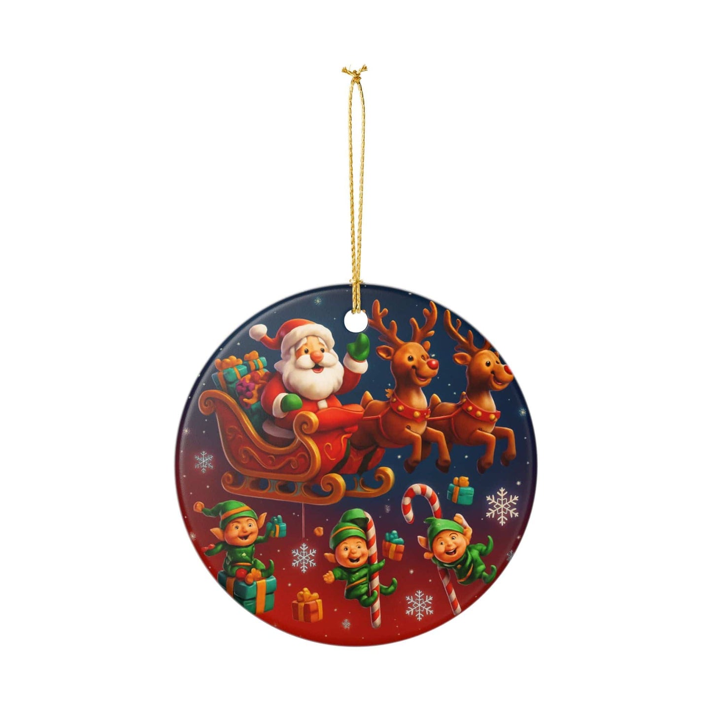 Santa Sleigh Ceramic Ornament with colorful reindeer and elves holiday decoration hanging on gold string
