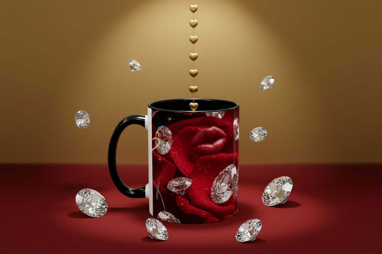 Accent Coffee Mug with red rose and diamond design on a white background