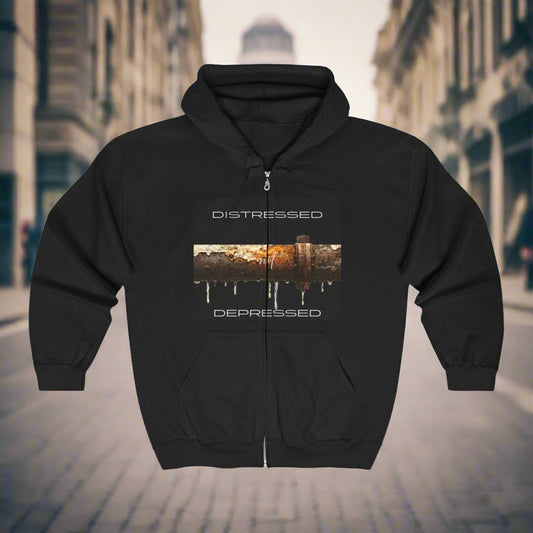 Black hoodie with graphic design and text on a blurred city street background