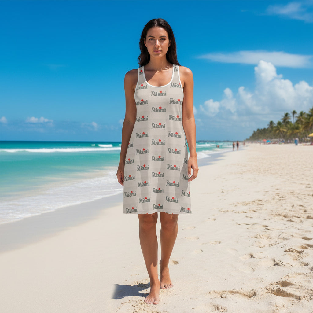 Dress with 'Vintage Miami monogram' print on a beige background