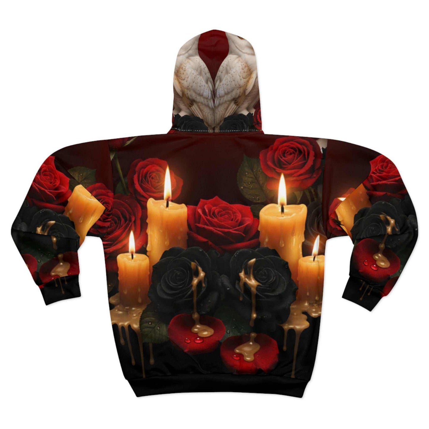 Red and black rose hoodie with white owl and melting candles design on gradient background